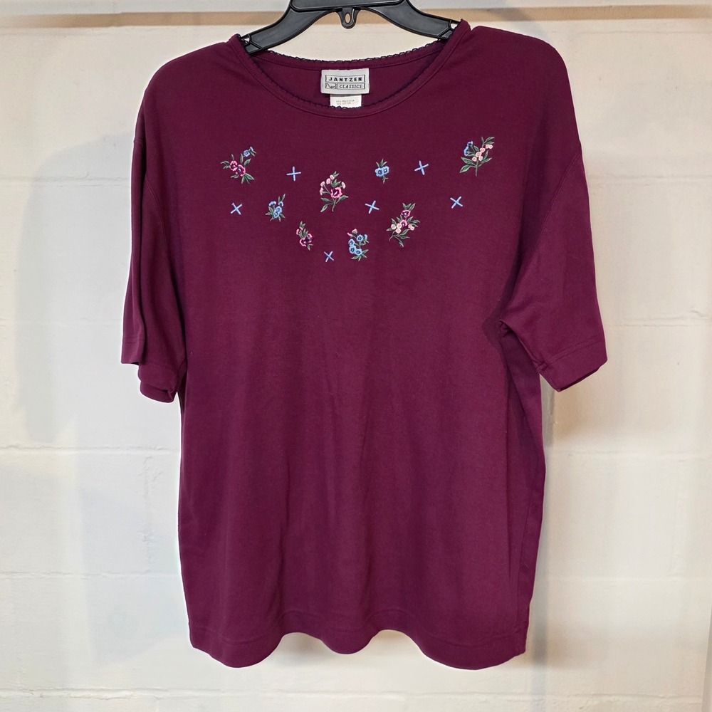 Vintage Jantzen‎ Classics Women L Purple Floral Embroidered Knit Top Cottagecore